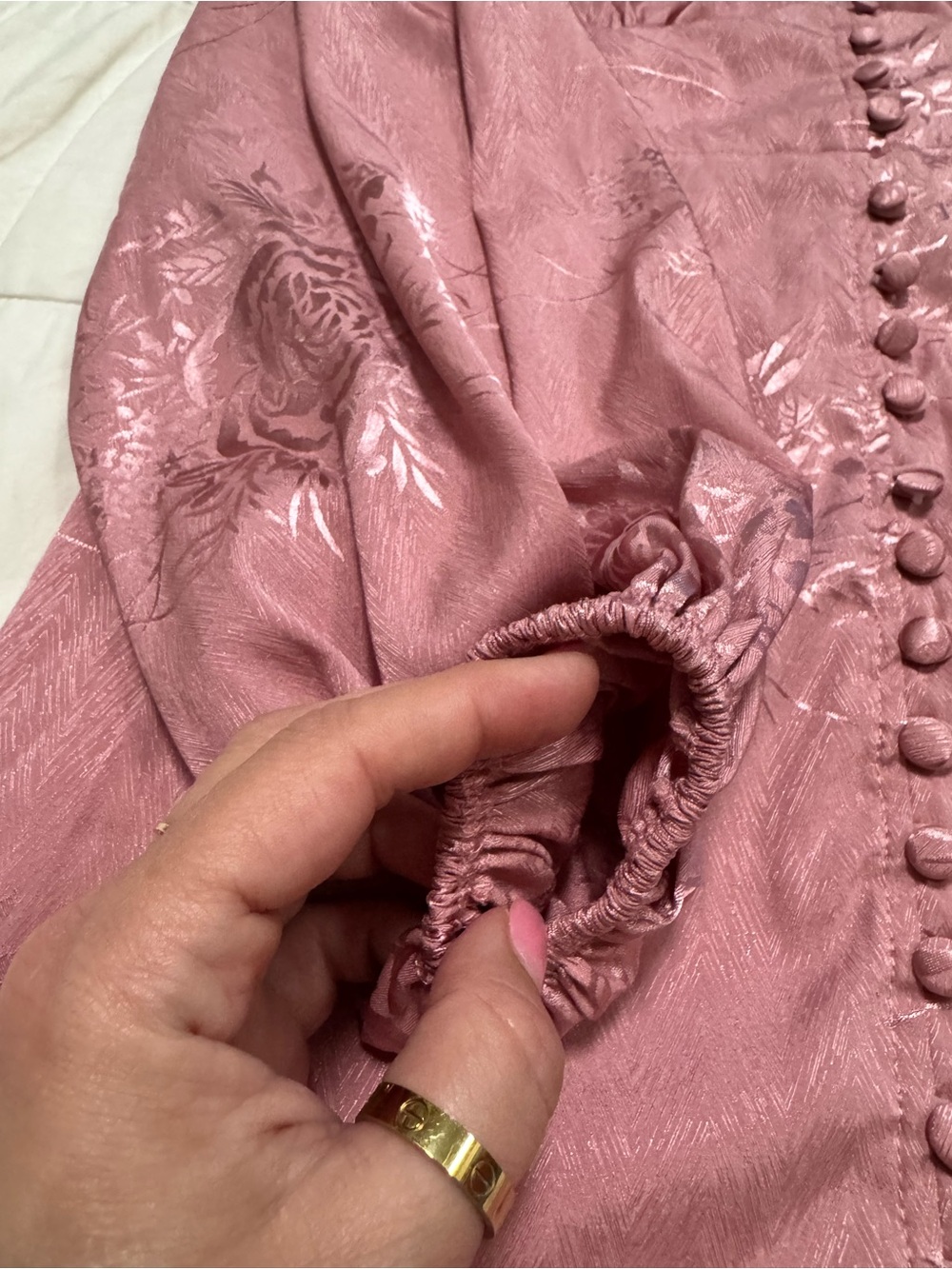 WHO I AM Mauve Pink Satin Jacquard Mini Dress Size 10 Puff Sleeve EUC - Picture 4 of 11